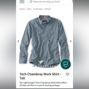 Orvis Tech Chambray Work Shirt Large TALL